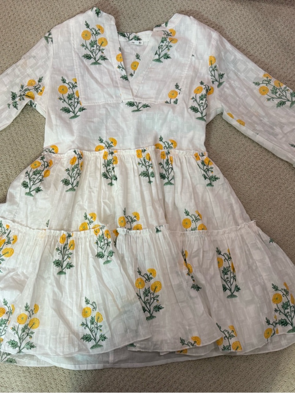 En Creme White Long Sleeve Floral Tiered Dress with Yellow & Green Print